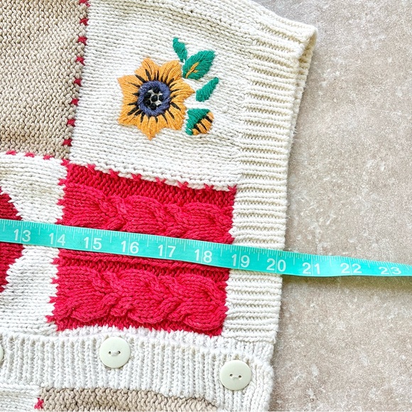 Vintage Knitted Patchwork Cardigan Women’s Red White Blue Fruits Sunflower Large - Picture 12 of 12